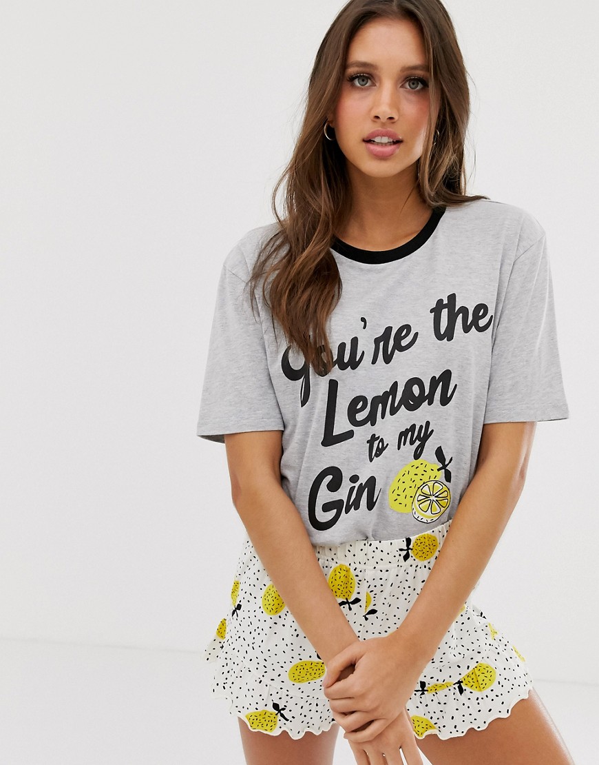 ASOS DESIGN - Pigiama composto da pantaloncini e T-shirt con scritta You're the lemon to my gin-Multicolore