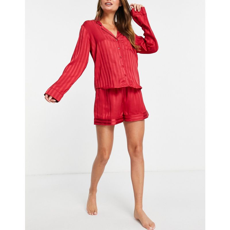 Donna BB4Me DESIGN - Pigiama con camicia a maniche lunghe e pantaloncini in jacquard a righe rosso con confezione regalo