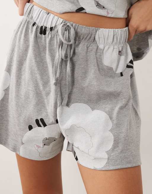 ASOS DESIGN - Pigiama con T-shirt a maniche corte oversize e pantaloncini grigio mélange con stampa di pecore, 2 di 4
