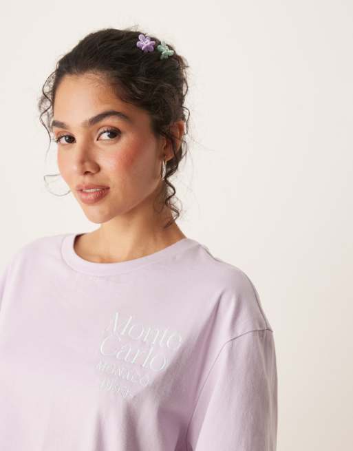 ASOS DESIGN - Pigiama lilla con T-shirt oversize con stampa e pantaloncini stile boxer, 2 di 4