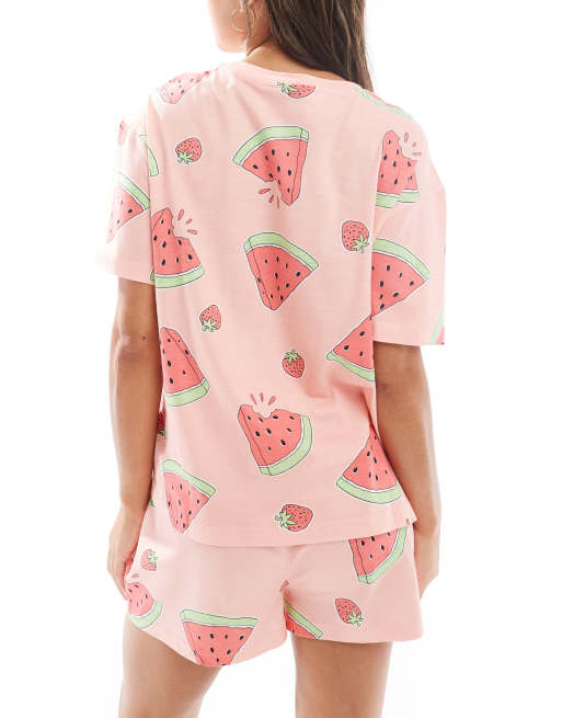 ASOS DESIGN - Pigiama rosa con pantaloncini e T-shirt oversize con stampa di angurie, 2 di 4
