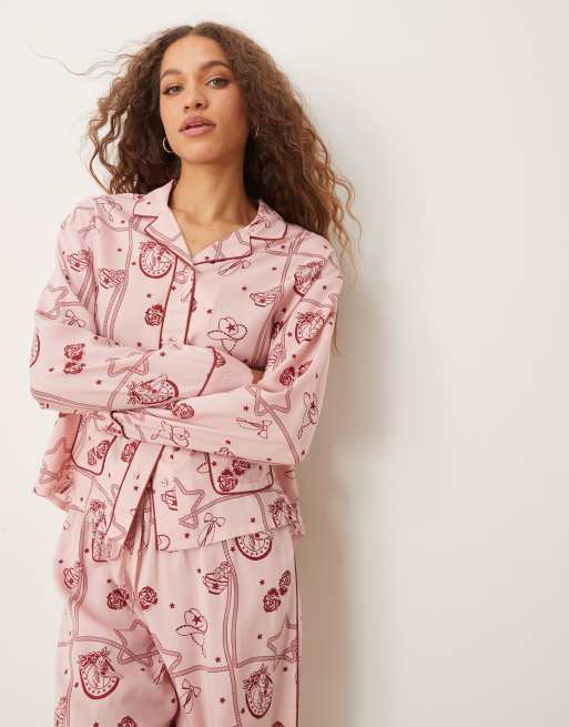 ASOS DESIGN - Pigiama rosa con stampa stile rodeo in modal composto da pantaloni a fondo ampio e camicia, 2 di 4