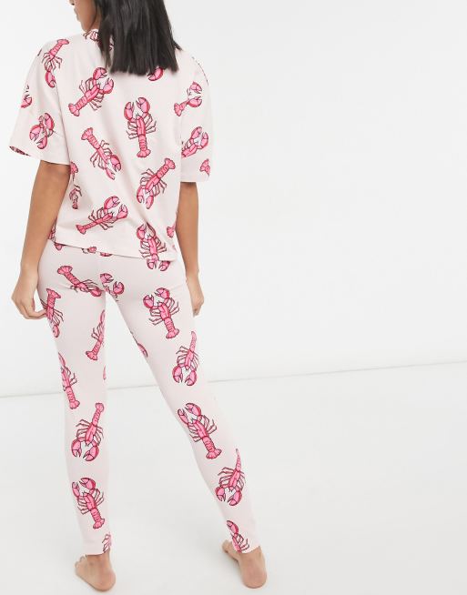 ASOS DESIGN - Pigiama rosa e rosso con T-shirt e leggings con stampa di aragoste, 2 di 4