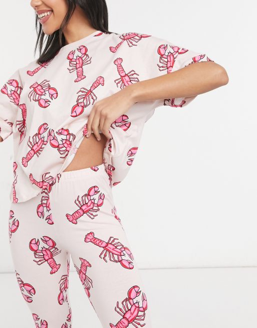 ASOS DESIGN - Pigiama rosa e rosso con T-shirt e leggings con stampa di aragoste, 3 di 4