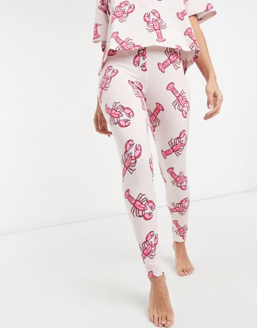 ASOS DESIGN - Pigiama rosa e rosso con T-shirt e leggings con stampa di aragoste, 4 di 4