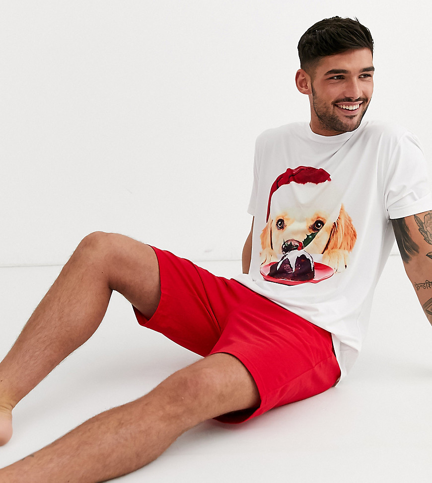 ASOS DESIGN - Pigiama T-shirt e pantaloncini natalizio con cane-Rosso