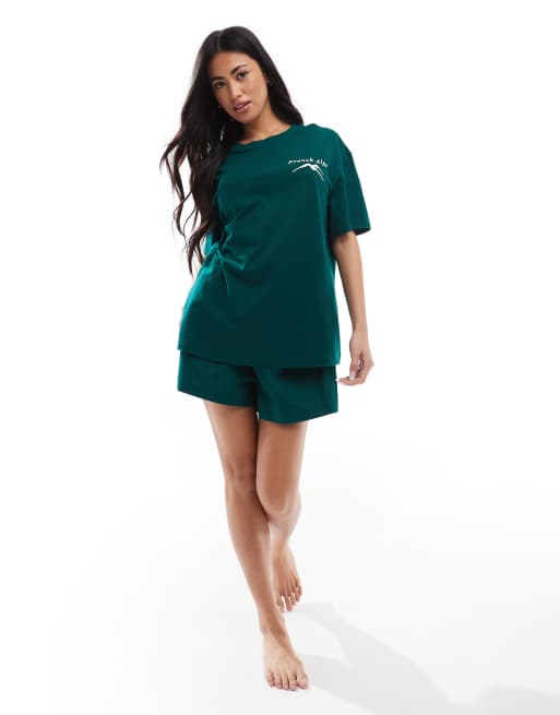 ASOS DESIGN - Pigiama verde con T-shirt oversize con scritta e pantaloncini stile boxer in tessuto, 4 di 4