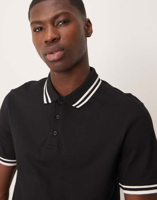ASOS DESIGN – Pikee-Polohemd in Schwarz mit Zierstreifen