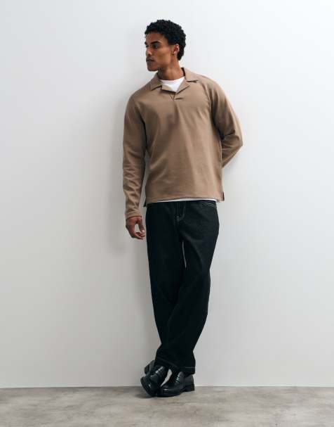 ASOS DESIGN pikétröja med långa ärmar, regular fit och öppen krage i brunt - view 1