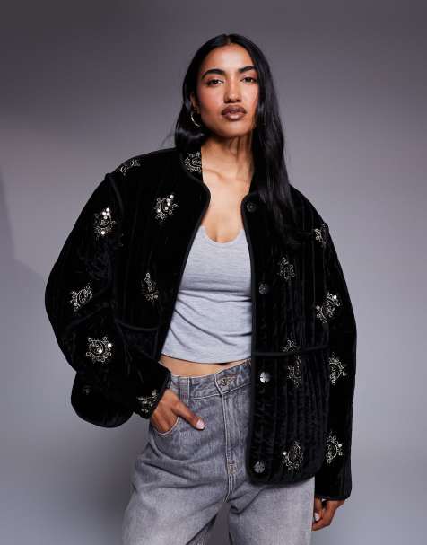 ASOS DESIGN – Pikowana aksamitna kurtka w kolorze czarnym z haftowanym wzorem - view 1