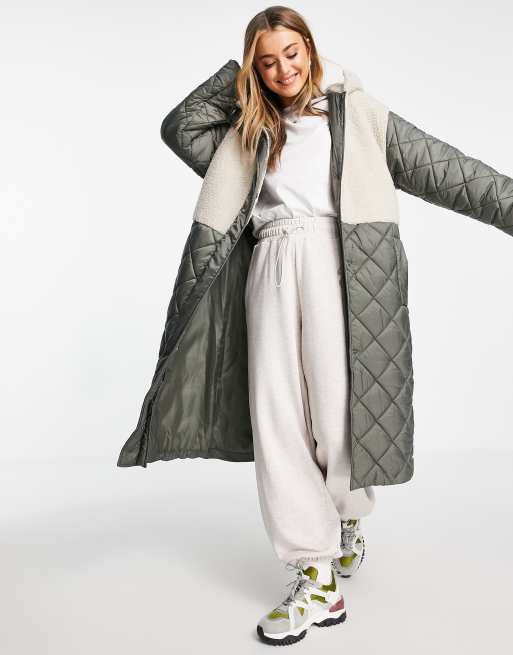ASOS DESIGN – Pikowana kurtka w kolorze khaki ze wstawkami z imitacji kożuszka