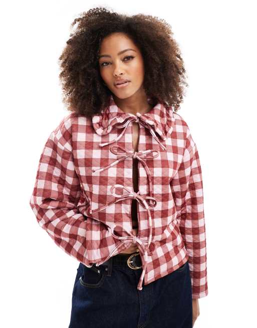 ASOS DESIGN – Pikowana kurtka z długim rękawem i kołnierzem w bordowo-różową kratkę vichy
