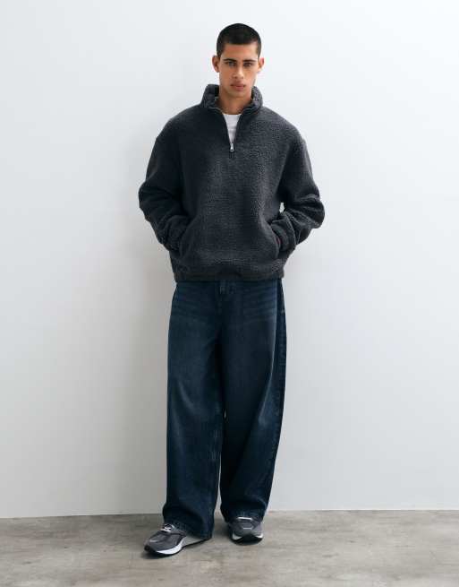 ASOS DESIGN pile borg comodo con zip corta, blu navy, 4 di 5