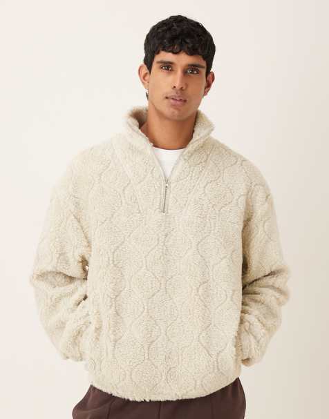 ASOS DESIGN - Pile con collo a imbuto con zip corta oversize testurizzato écru - view 1