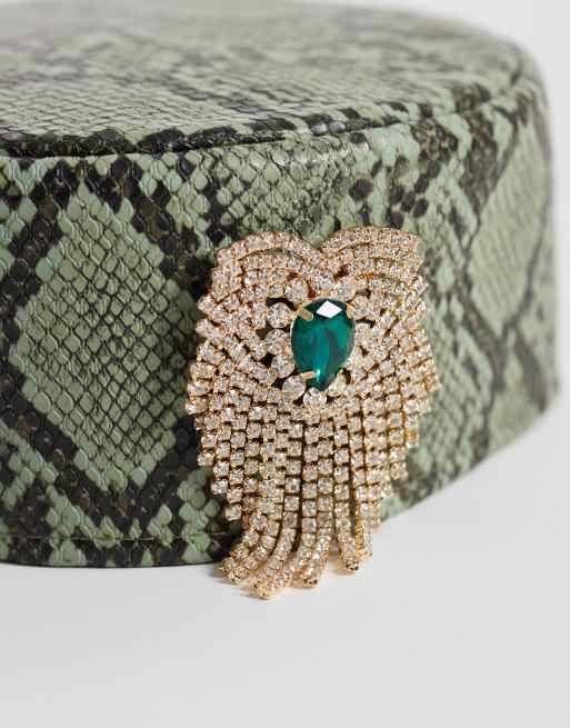 ASOS DESIGN pillbox hat in green snake print with brooch detail, 3 of 3
