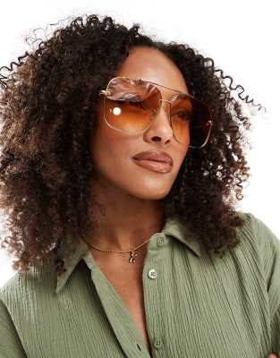 ASOS DESIGN - Piloten-Sonnenbrille aus Metall mit Gläsern in Braun-Goldfarben