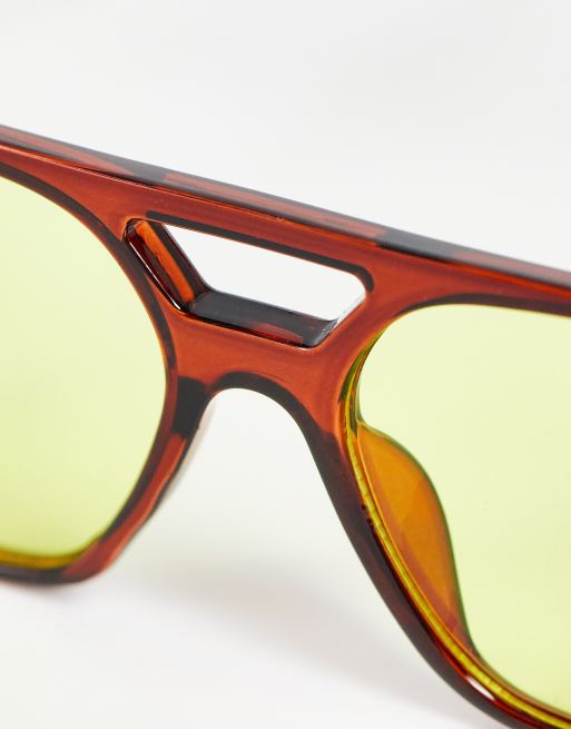 ASOS DESIGN – Piloten-Sonnenbrille in Kristallbraun mit gelben Gläsern , 3 von 4