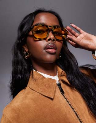 ASOS DESIGN - Piloten-Sonnenbrille in milchiger Schildpattoptik mit gelben Gläsern-Braun