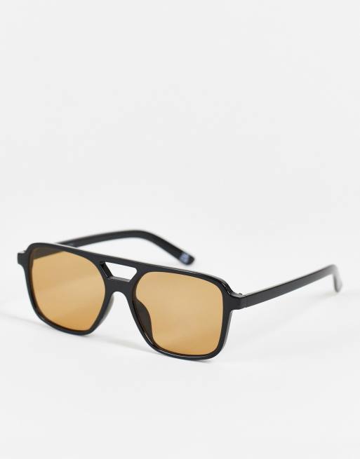 ASOS DESIGN - Pilotenbril in zwart met bruine glazen 