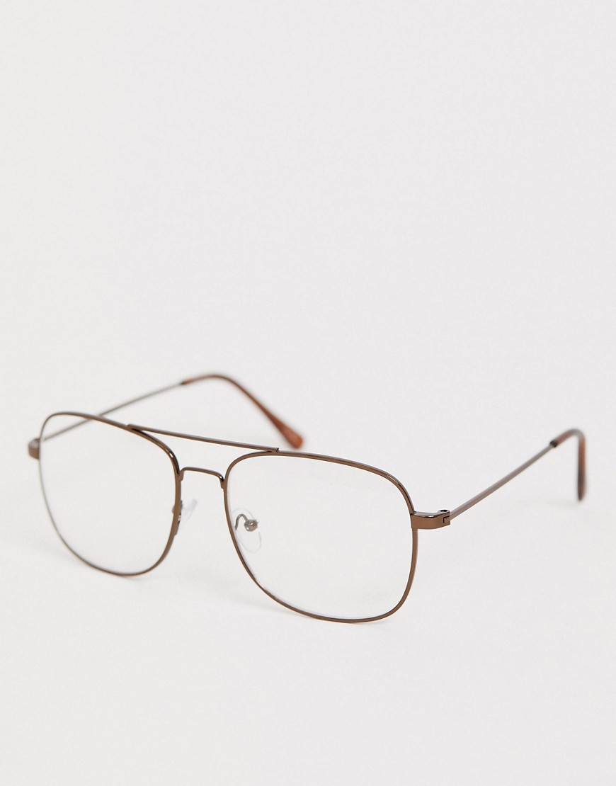 ASOS DESIGN - Pilotenbril van donker koperkleurig metaal en doorzichtige glazen