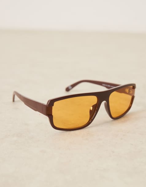 ASOS DESIGN – Pilotensonnenbrille in Braun mit bernsteinfarbenen Gläsern - view 1