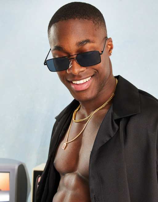 ASOS DESIGN – Pilotensonnenbrille in Schwarz mit getönten Gläsern und schmalem, eckigem Rahmen 