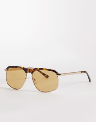 ASOS DESIGN - Pilotensonnenbrille mit Metallrahmen, Schildpatt-Detail und gelben Gläsern