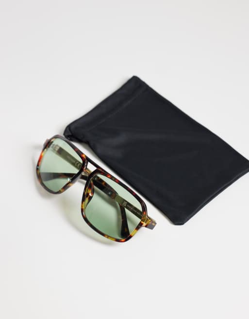 ASOS DESIGN – Pilotensonnenbrille mit schmalem Gestell in Schildpatt-Optik und grünen Gläsern, 3 von 3