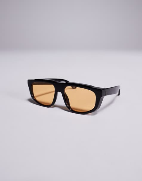 ASOS DESIGN – Pilotensonnenbrille mit schwarzem Rahmen und bernsteinfarbenen Gläsern - view 1