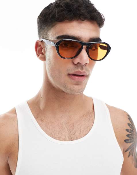ASOS DESIGN – Pilotensonnenbrille mit schwarzem Rahmen und bernsteinfarbenen Gläsern - view 1