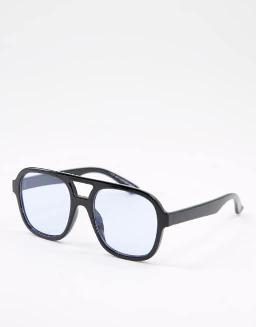 ASOS DESIGN – Pilotensonnenbrille mit schwarzem Rahmen und blauen Gläsern - BLACK