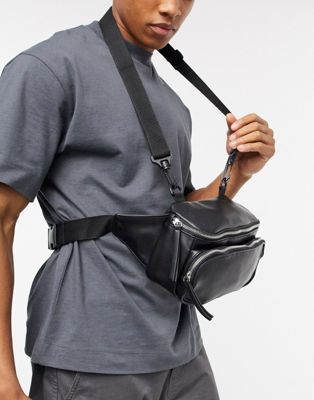 ASOS DESIGN – Pilotentasche mit Riemen zum Umhängen aus schwarzem Kunstleder