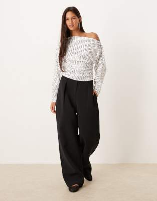 Asos Design Pin Spot Asymmetric Neckline Cinched Top In White