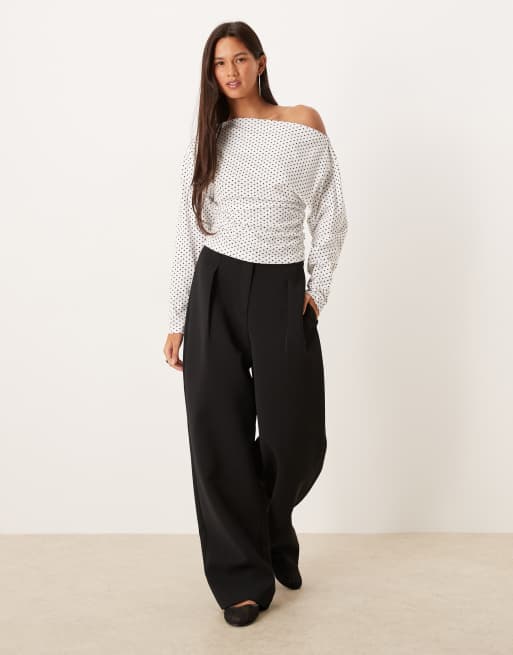 ASOS DESIGN pin spot asymmetric neckline cinched top in ivory