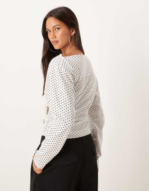 ASOS DESIGN pin spot asymmetric neckline cinched top in ivory