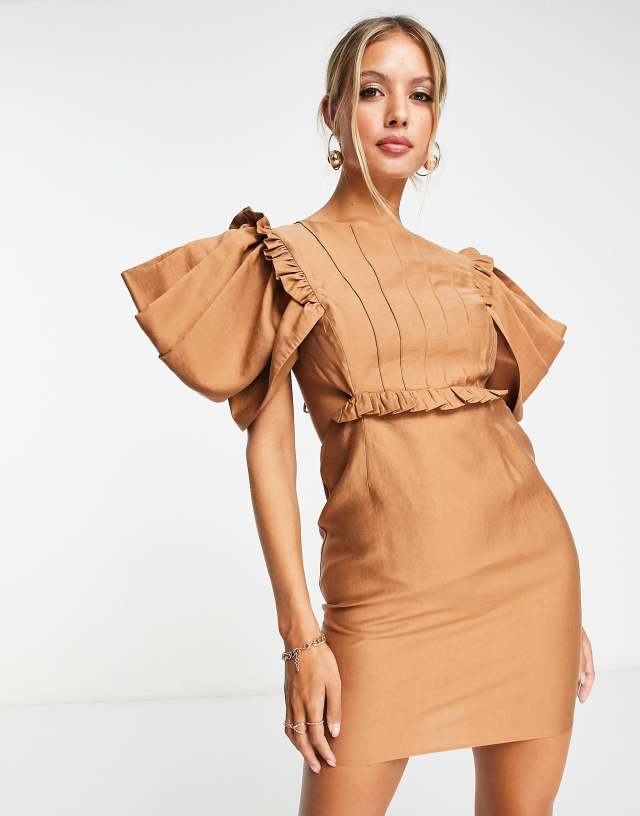 ASOS DESIGN pin tuck mini dress with puff sleeve & cut out waist detail in tan