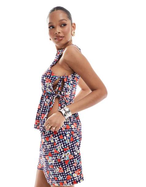 ASOS DESIGN pinafore top co-ord in strawberry gingham print - view 1