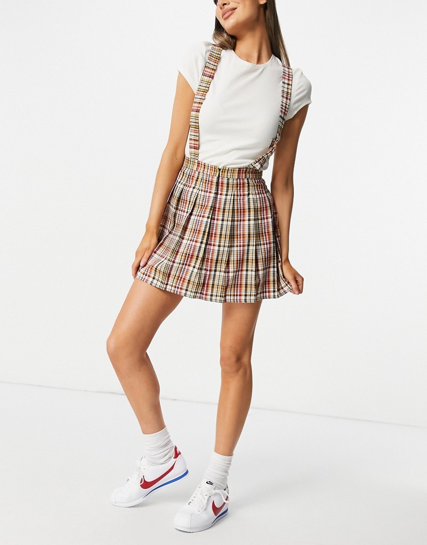 ASOS DESIGN pinafore with pleated skirt in red check print-Multi