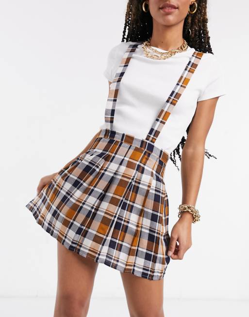 ASOS DESIGN pinafore with pleated skirt in tan plaid print | ASOS