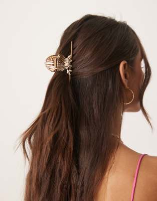ASOS DESIGN - Pince à cheveux XL en métal façon coquillage et perles - Doré