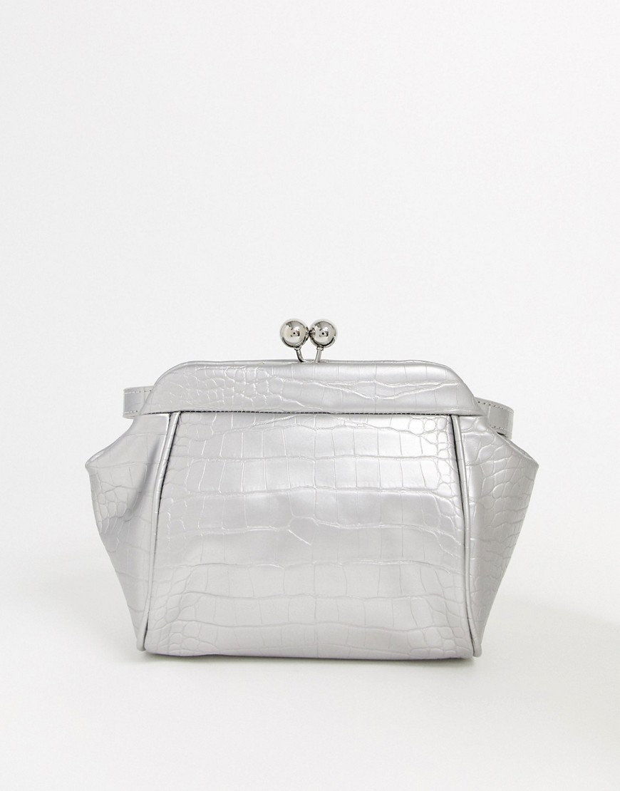 ASOS DESIGN pinched frame clutch in croc-Silver