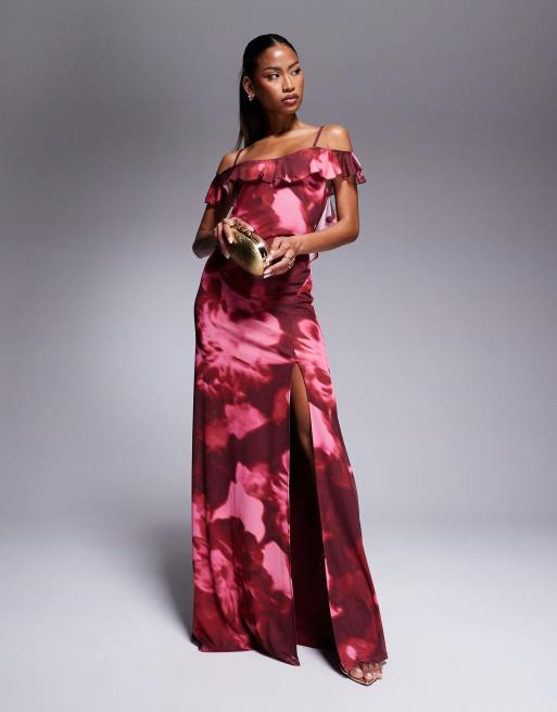 ASOS DESIGN - Pink bardot-maxikjole i mesh med flæser og sideslids med blomsterprint