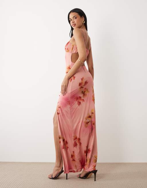 ASOS DESIGN - Pink blomstret maxikjole i stretch-chiffon med rynket bryst samt knapper og slids, 4 af 4