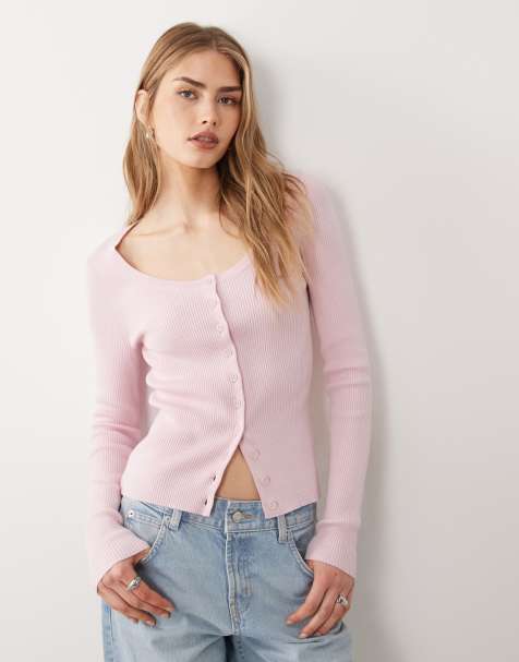 ASOS DESIGN - Pink cardigan i bomuldsblanding med bred dyb rund hals - view 1