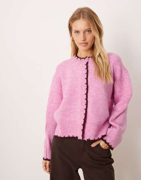 ASOS DESIGN - Pink cardigan med rund hals, sideslids og tæppesyninger i firkantet pasform - view 1