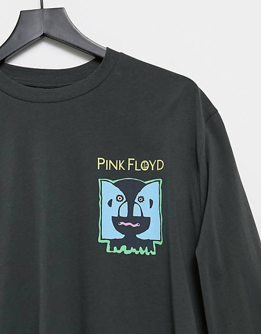 Men Pink Floyd relaxed long sleeve t-shirt with chest print in washed black 