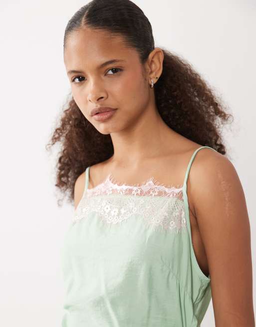 ASOS DESIGN pink lace appliqué crushed satin cami mini dress in washed pistachio, 3 of 4