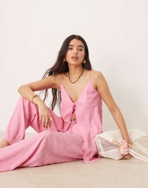 ASOS DESIGN - Pink longline-top med cami-stropper og bindebånd foran - Del af sæt - view 1