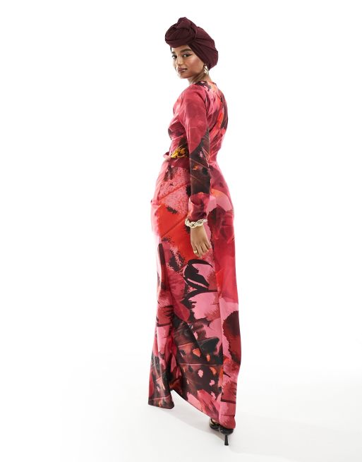 ASOS DESIGN - Pink maxikjole med draperet detalje og stort blomstermønster i satin, 3 af 4