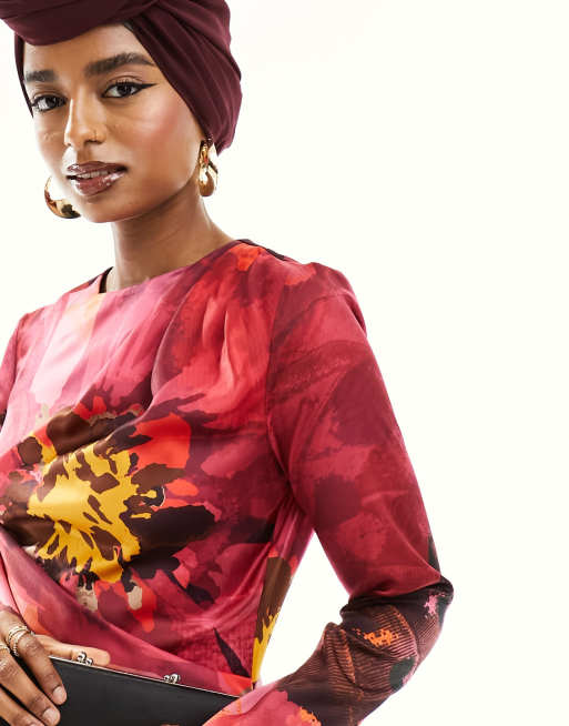 ASOS DESIGN - Pink maxikjole med draperet detalje og stort blomstermønster i satin, 4 af 4